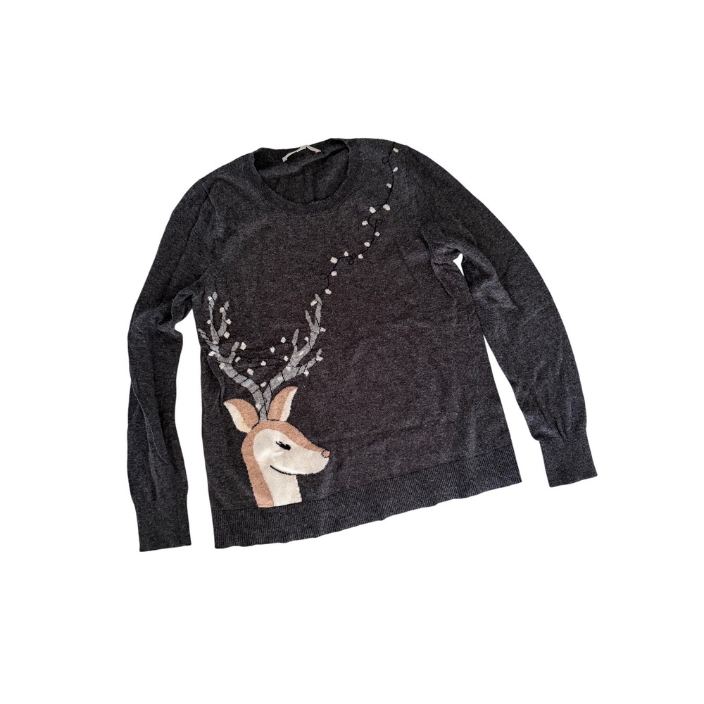 LOFT Reindeer Holiday Sweater Gray Wool Blend Crew Neck Pullover Womens Small